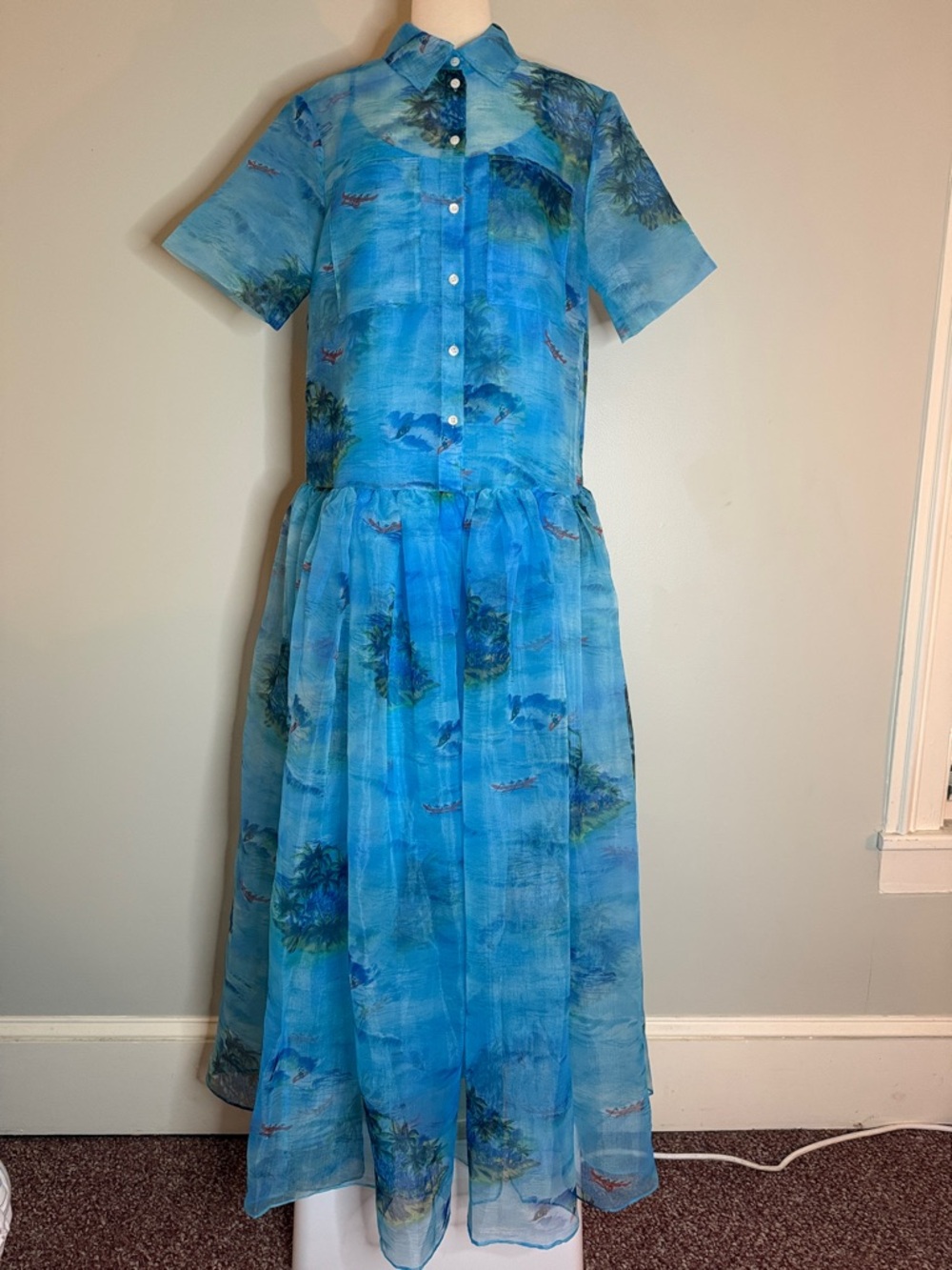 STAUD Blue Tropical Print Organza Drop-Waist Maxi Dress